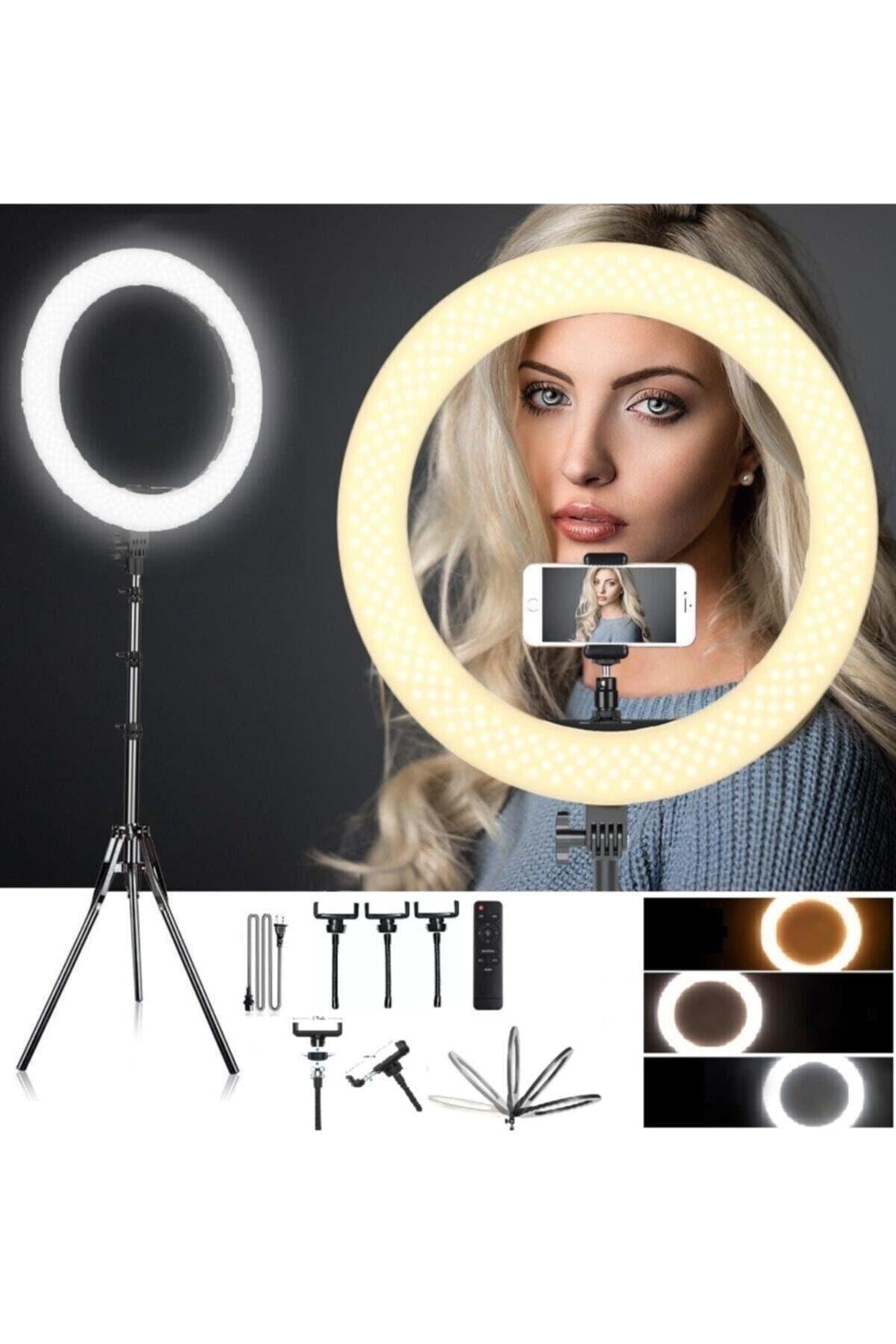 Ring Light 18inç Youtuber Tiktok Led Çantalı Ve Kumandalı 3 Telefon Tutucu Makyaj Işığı+2.1 M Tripod