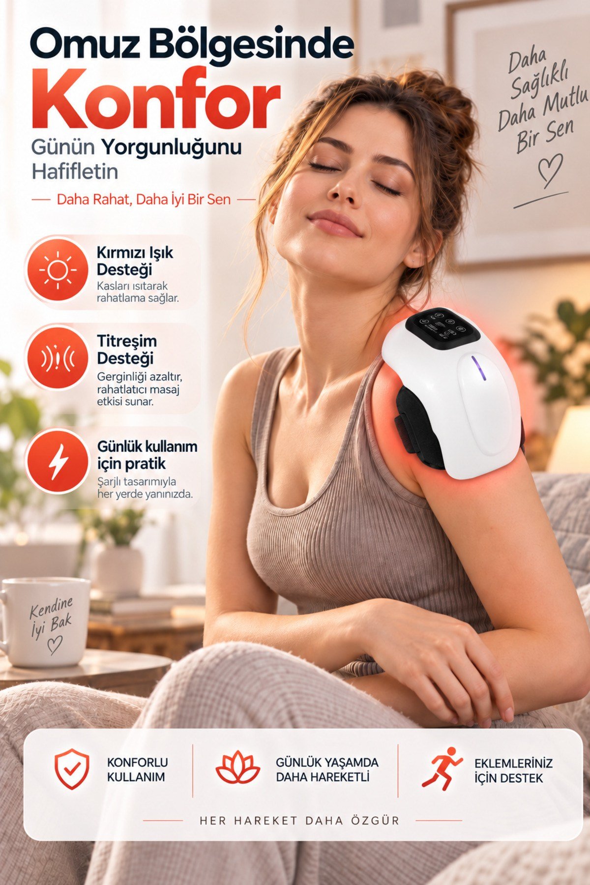 Şarjlı Isıtmalı Titreşimli Kırmızı Işıklı LED Ekranlı Diz Dirsek Omuz Uyumlu Masaj Aleti