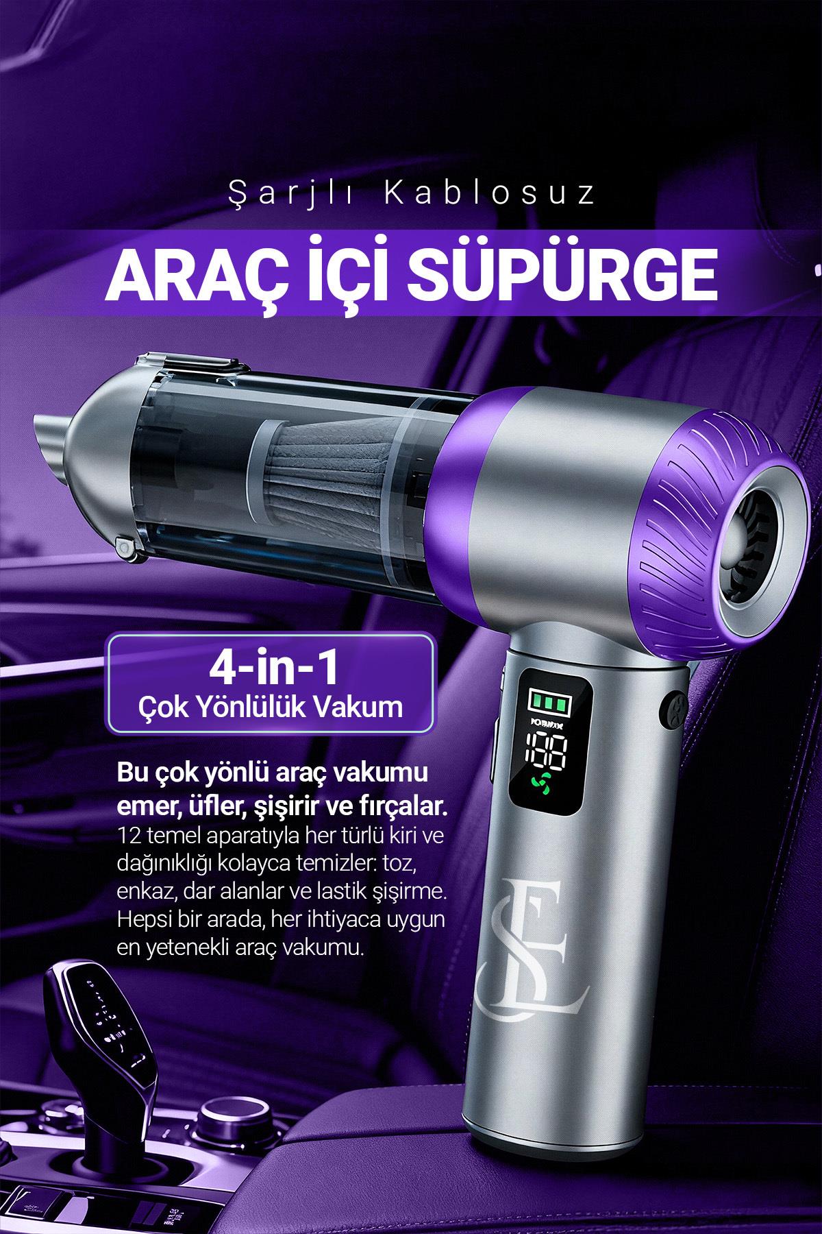 Şarjlı Kablosuz Araç İçi Süpürge | Güçlü Vakum | Fırçasız Motor | Üfleme & Vakum