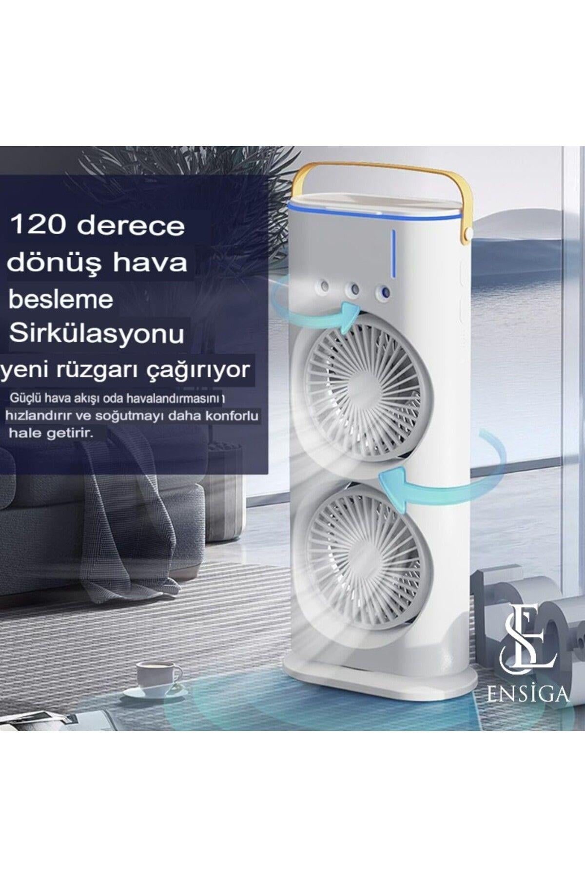 Şarjlı Su Püskürtmeli Iki Pervaneli Serinletici Vantilatör Döner Kumandalı Masa Kamp Ofis Ev Fanı