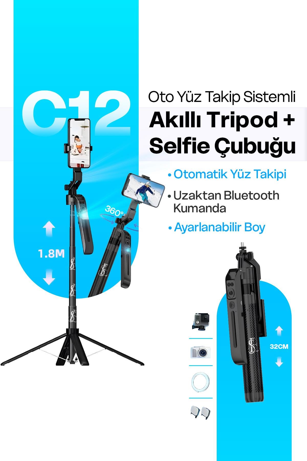 Sistemli Çok Amaçlı Bluetooth Kumandalı Akıllı Tripod + Selfie Çubuğu 180cm