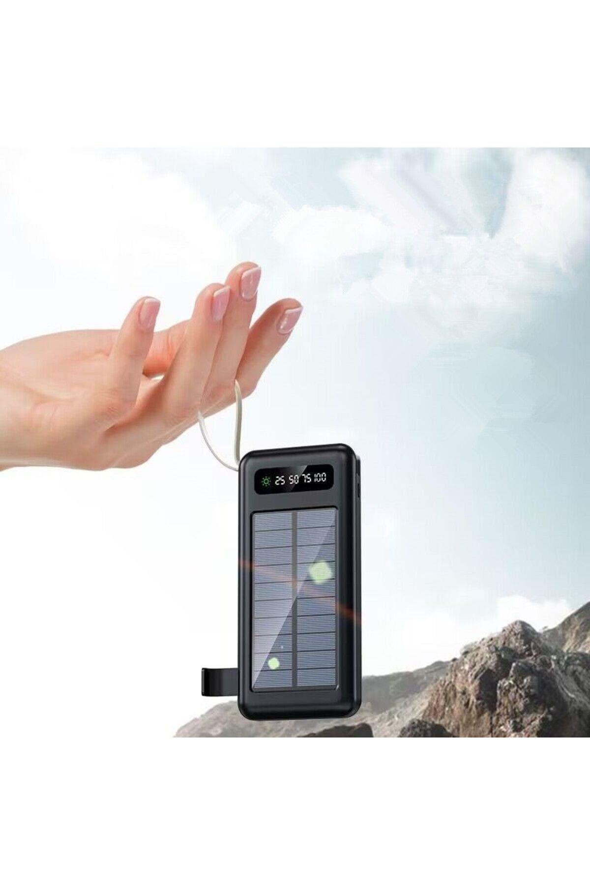 Solar 10.000 Mah Güneş Enerjili Led Işıklı Powerbank Şarj Aleti 2x Usb Çıkışlı Mikro Typc Lıghtnıng