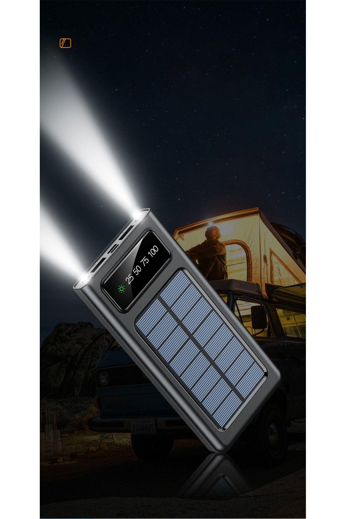 Solar 10.000 Mah Güneş Enerjili Led Işıklı Powerbank Şarj Aleti 2x Usb Çıkışlı Mikro Typc Lıghtnıng