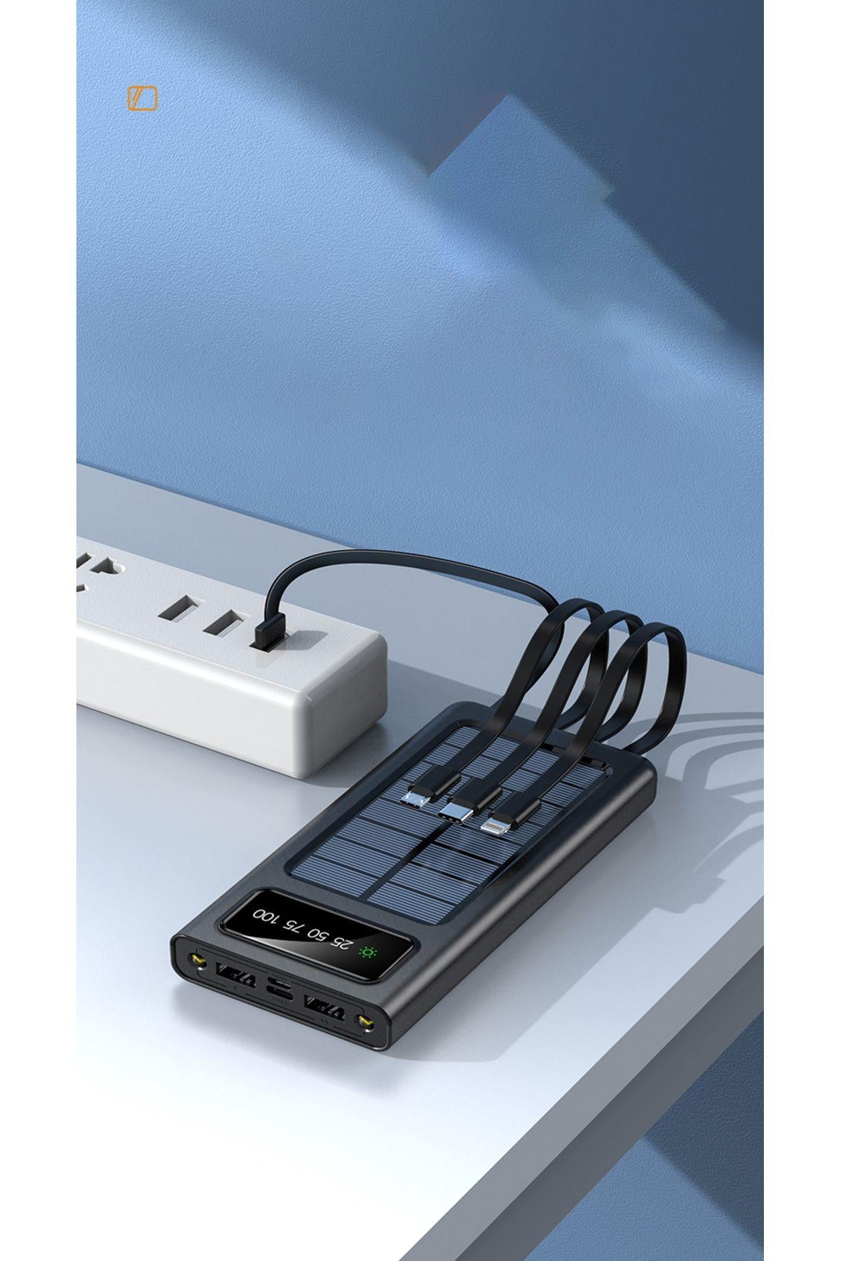 Solar 10.000 Mah Güneş Enerjili Led Işıklı Powerbank Şarj Aleti 2x Usb Çıkışlı Mikro Typc Lıghtnıng
