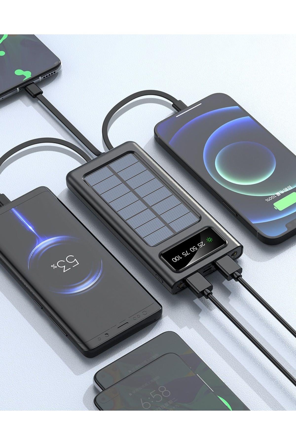 Solar 10.000 Mah Güneş Enerjili Led Işıklı Powerbank Şarj Aleti 2x Usb Çıkışlı Mikro Typc Lıghtnıng