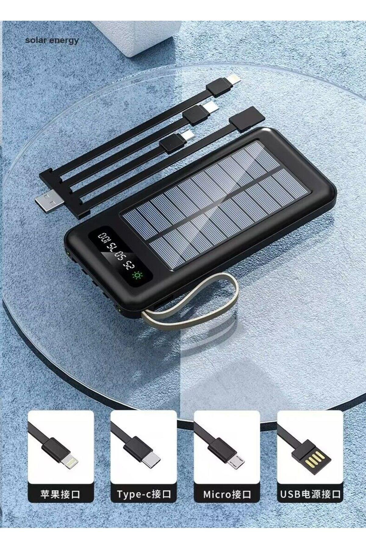 Solar 10.000 Mah Güneş Enerjili Led Işıklı Powerbank Şarj Aleti 2x Usb Çıkışlı Mikro Typc Lıghtnıng
