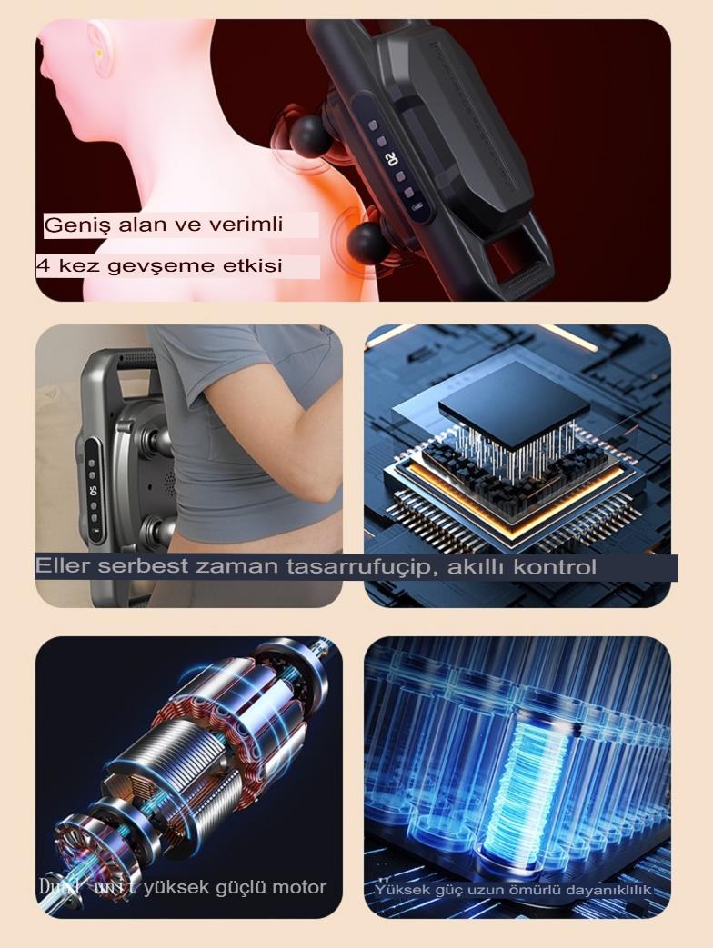 U Şeklinde Derin Doku, Boyun ve Omuz Sırt Bel Uzatılmış Sap Masaj Tabancası Masaj 4 Başlık ve 5 Mod