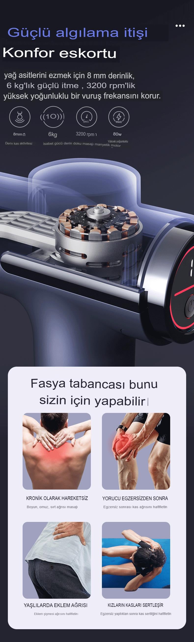 U Şeklinde Derin Doku, Boyun ve Omuz Sırt Bel Uzatılmış Sap Masaj Tabancası Masaj 4 Başlık ve 5 Mod