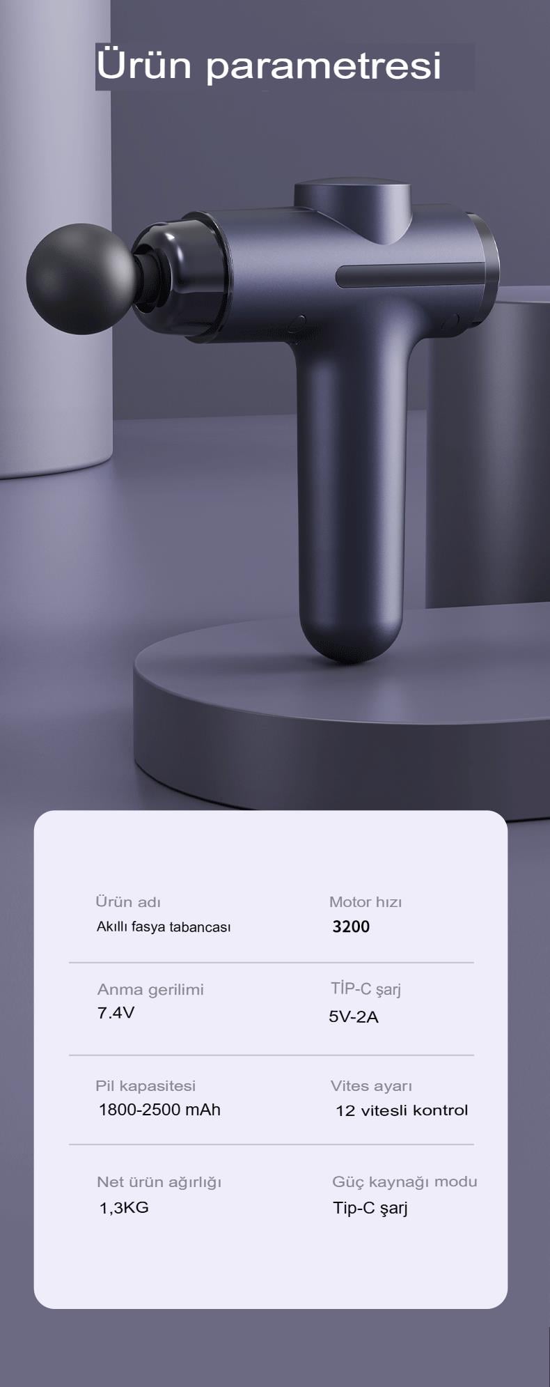 U Şeklinde Derin Doku, Boyun ve Omuz Sırt Bel Uzatılmış Sap Masaj Tabancası Masaj 4 Başlık ve 5 Mod