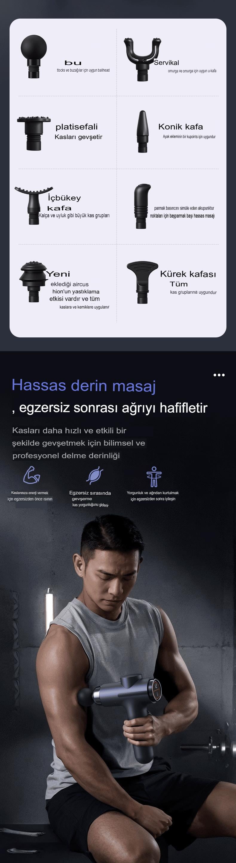 U Şeklinde Derin Doku, Boyun ve Omuz Sırt Bel Uzatılmış Sap Masaj Tabancası Masaj 4 Başlık ve 5 Mod