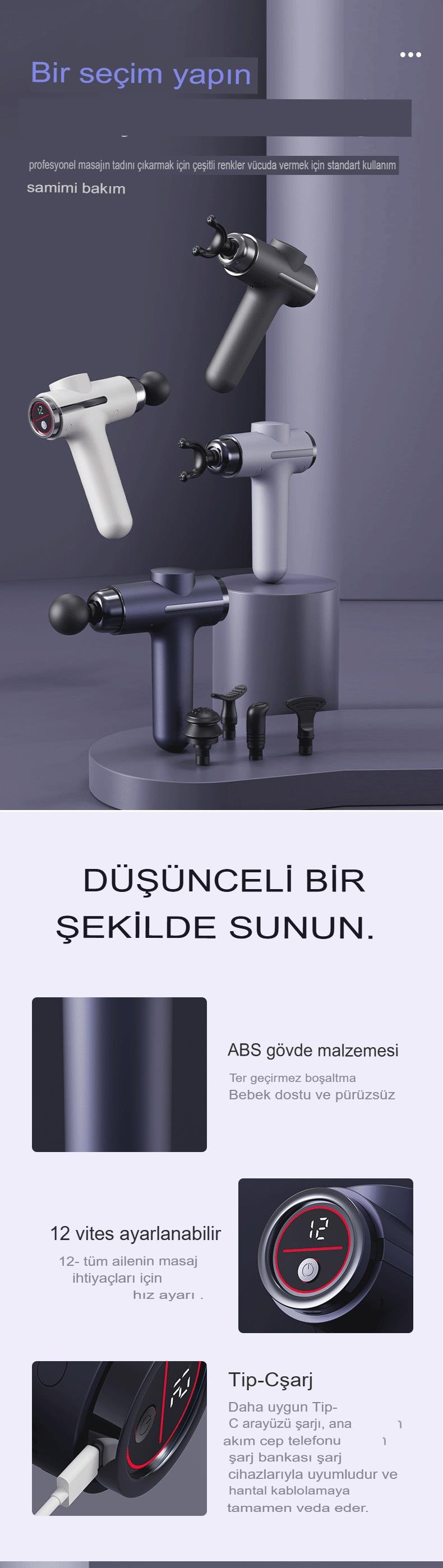 U Şeklinde Derin Doku, Boyun ve Omuz Sırt Bel Uzatılmış Sap Masaj Tabancası Masaj 4 Başlık ve 5 Mod