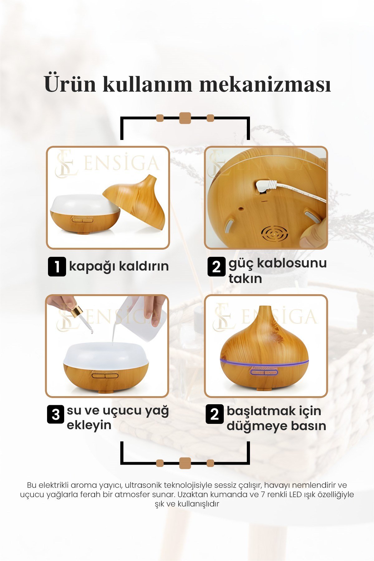 Uzaktan Kumandalı 550ml Aroma Difüzörü Ultrasonik Hava Nemlendirici Buhar Makinesi 7 Renk Led