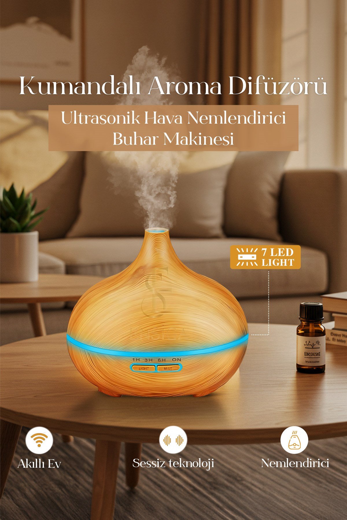 Uzaktan Kumandalı 550ml Aroma Difüzörü Ultrasonik Hava Nemlendirici Buhar Makinesi 7 Renk Led
