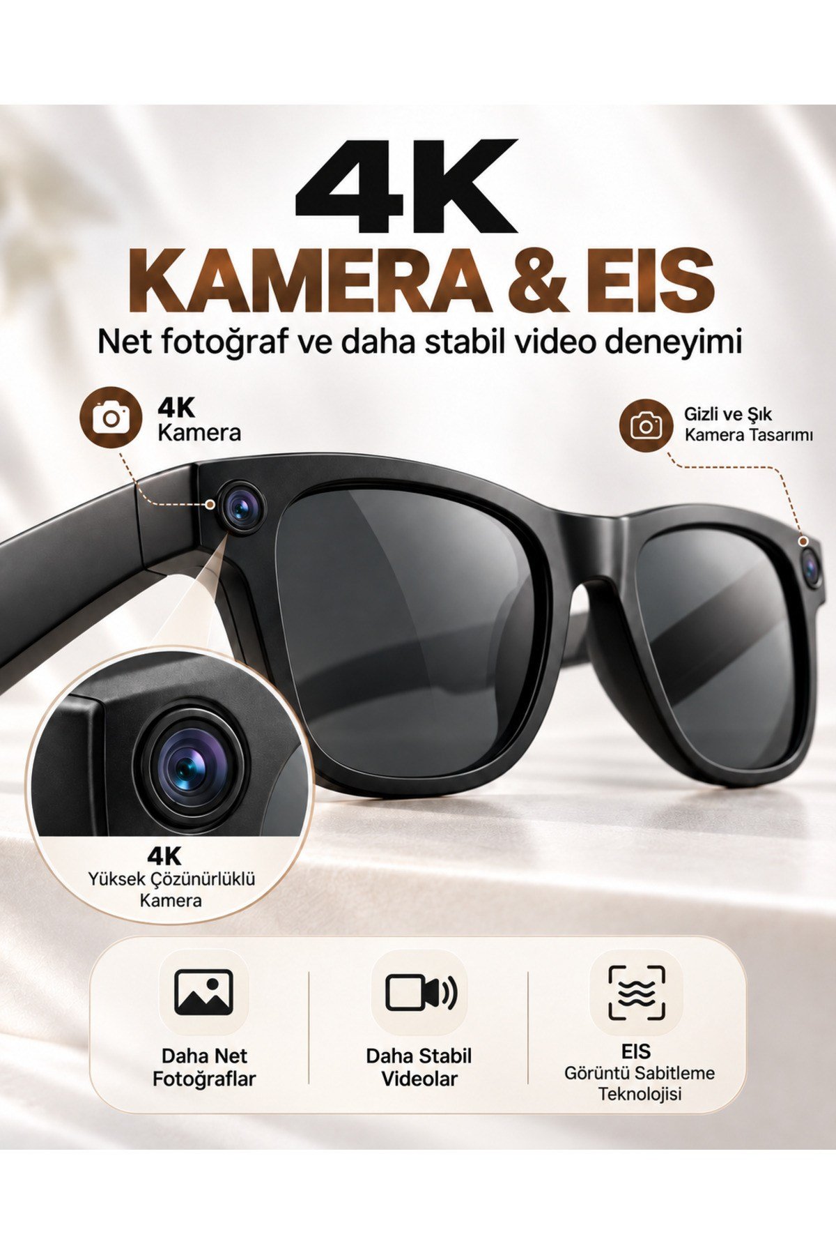 Video Kamera Kameralı 4K EIS Stabilizasyon Gerçek Zamanlı Çeviri Bluetooth Müzik Görüşme Yapay Zeka Akıllı Gözlük