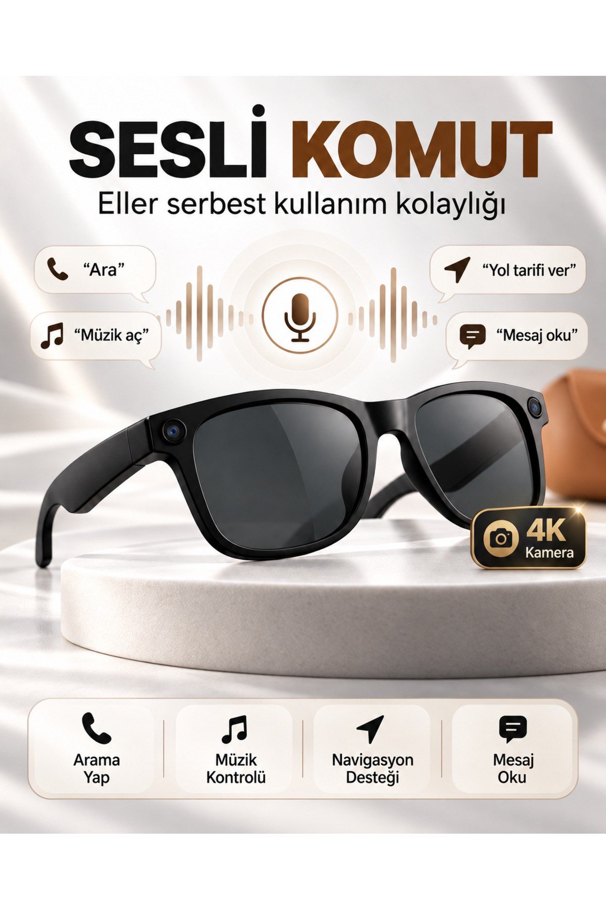 Video Kamera Kameralı 4K EIS Stabilizasyon Gerçek Zamanlı Çeviri Bluetooth Müzik Görüşme Yapay Zeka Akıllı Gözlük