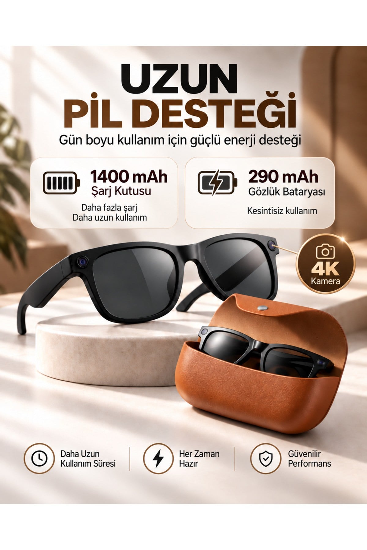 Video Kamera Kameralı 4K EIS Stabilizasyon Gerçek Zamanlı Çeviri Bluetooth Müzik Görüşme Yapay Zeka Akıllı Gözlük