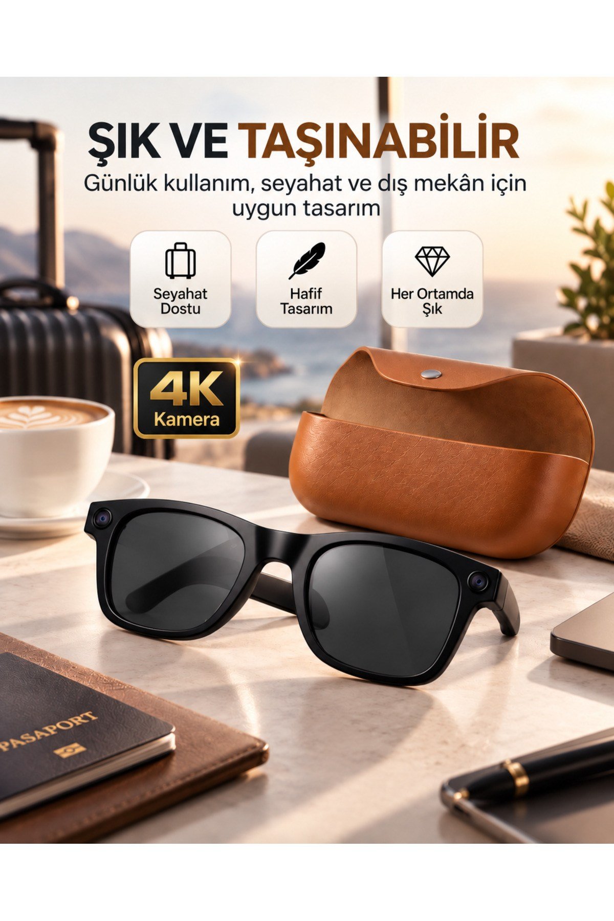 Video Kamera Kameralı 4K EIS Stabilizasyon Gerçek Zamanlı Çeviri Bluetooth Müzik Görüşme Yapay Zeka Akıllı Gözlük