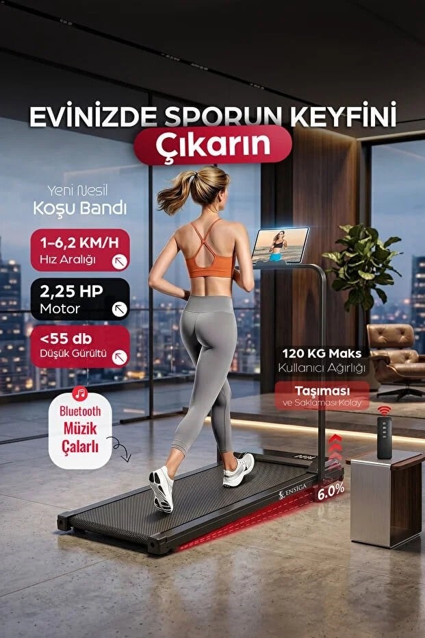 Yeni Nesil Bluetoothlu Koşu Bandı Müzik Çalarlı 10-12 KM Hız 2 HP Kumandalı Band