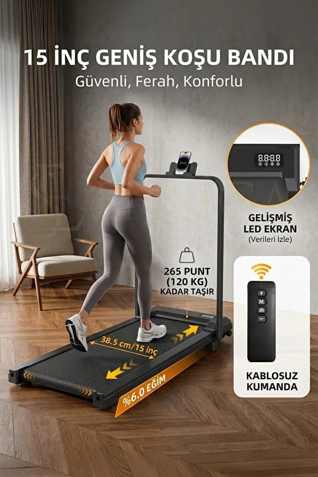 Yeni Nesil Bluetoothlu Koşu Bandı Müzik Çalarlı 10-12 KM Hız 2 HP Kumandalı Band