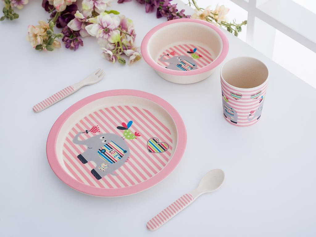 Andrea БЕБЕШКИ КОМПЛЕКТ ЗА Купичка чиния чаша вилица лъжица Бамбук . Pink