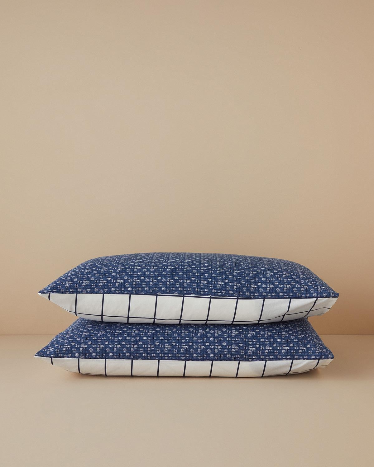 Border Check Калъфка За Възглавница 2 бр. Лесно за гладене 50x70 см Морскосин