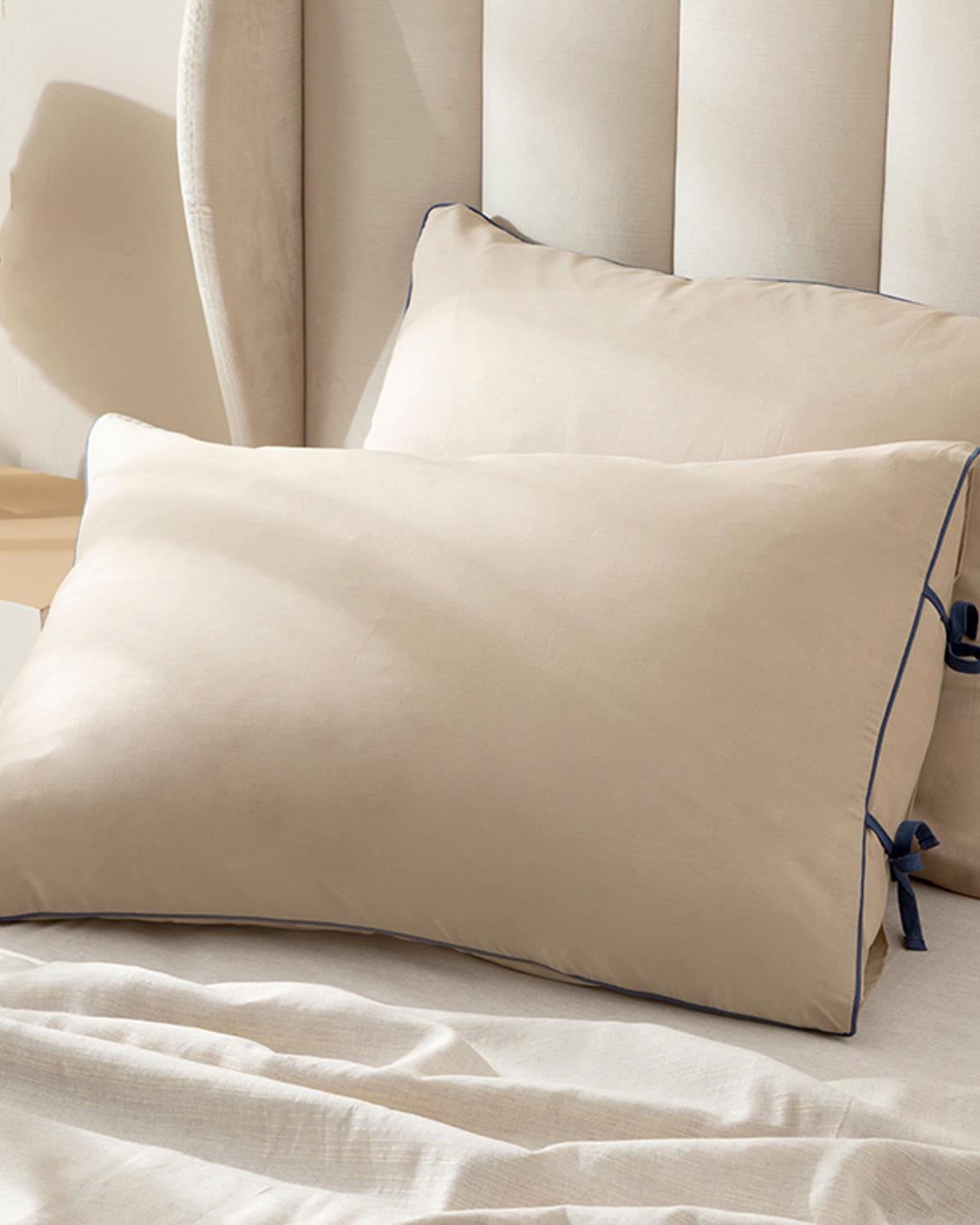 Classy Plain Калъфка За Възглавница 2 бр. Памучен с кант и връзки 50x70 см Бледокафяв - Нощно син.