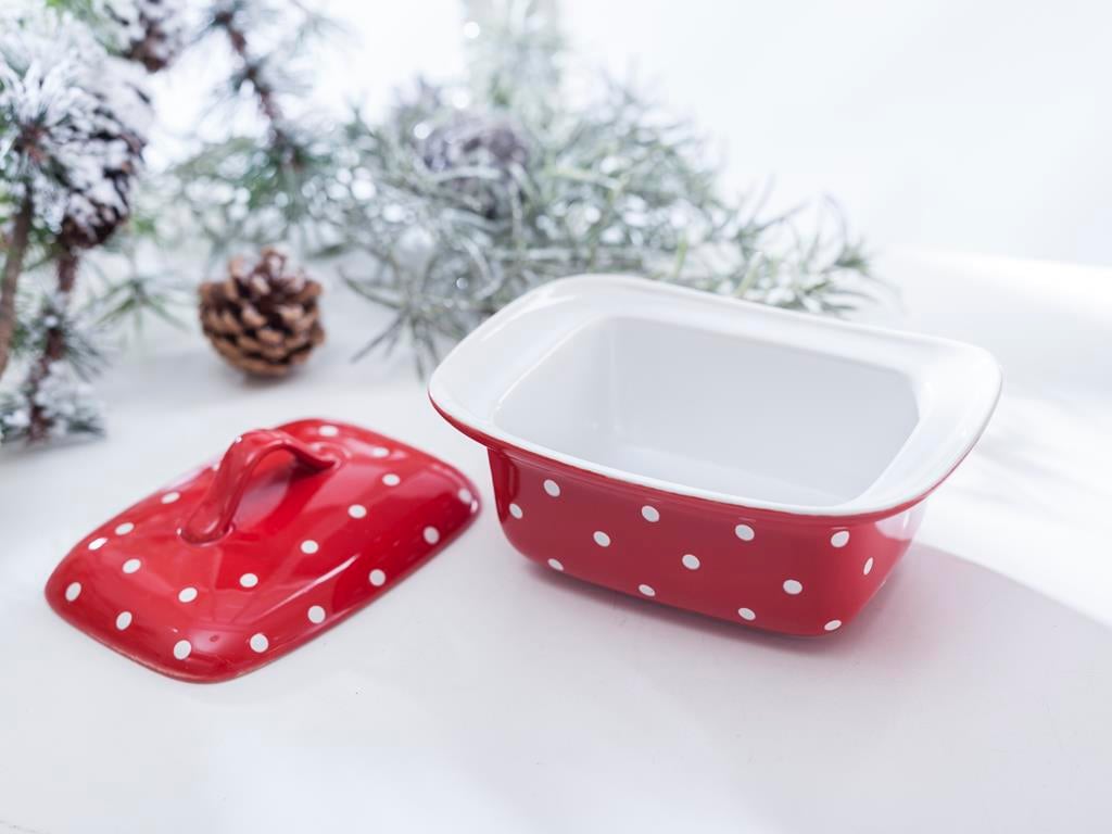 Dots Stoneware Rectangle Capped Oven Cover Red