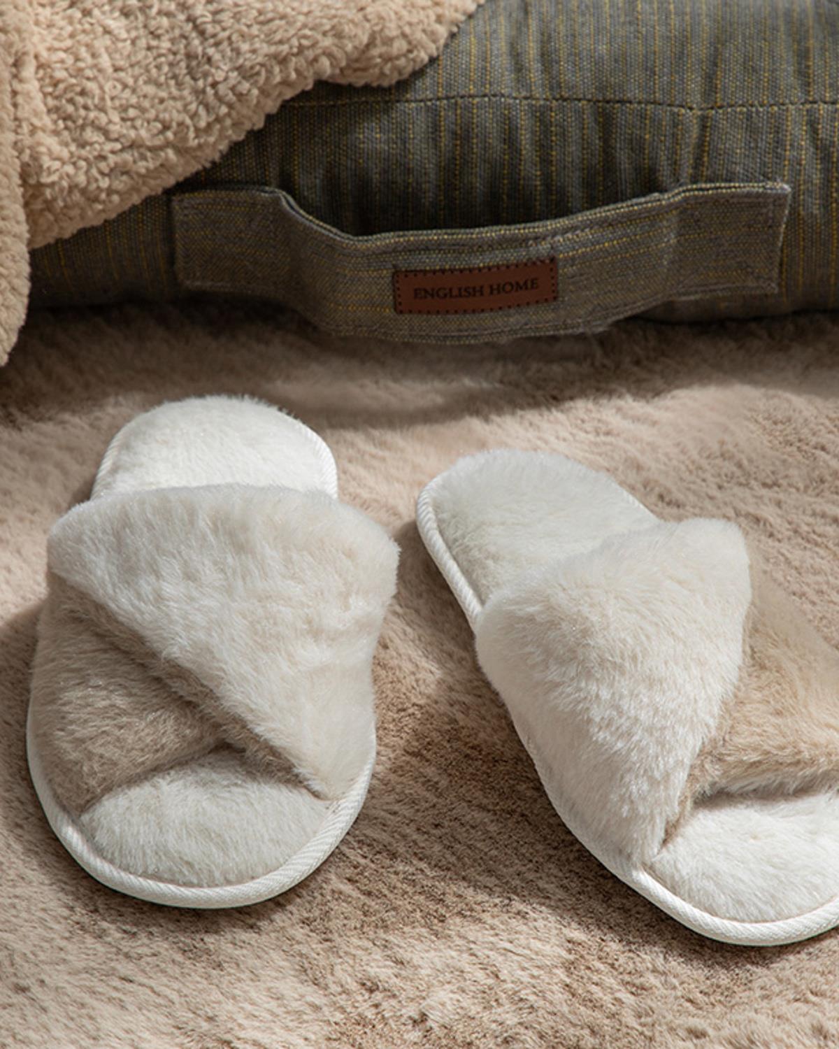 Double Пантофи За Дома Дамски, Плюш, Бежово, 36