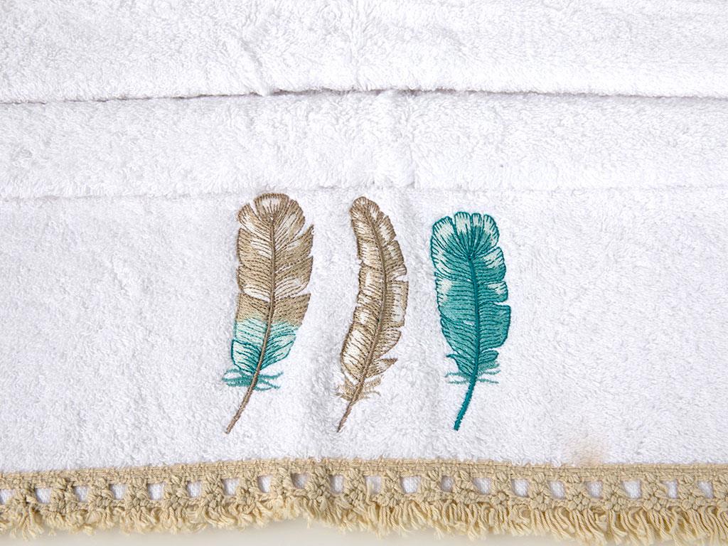 Feathers ХАВЛИЯ ЗА ЛИЦЕ С ресни Бродирани 50x80 cm White-Green
