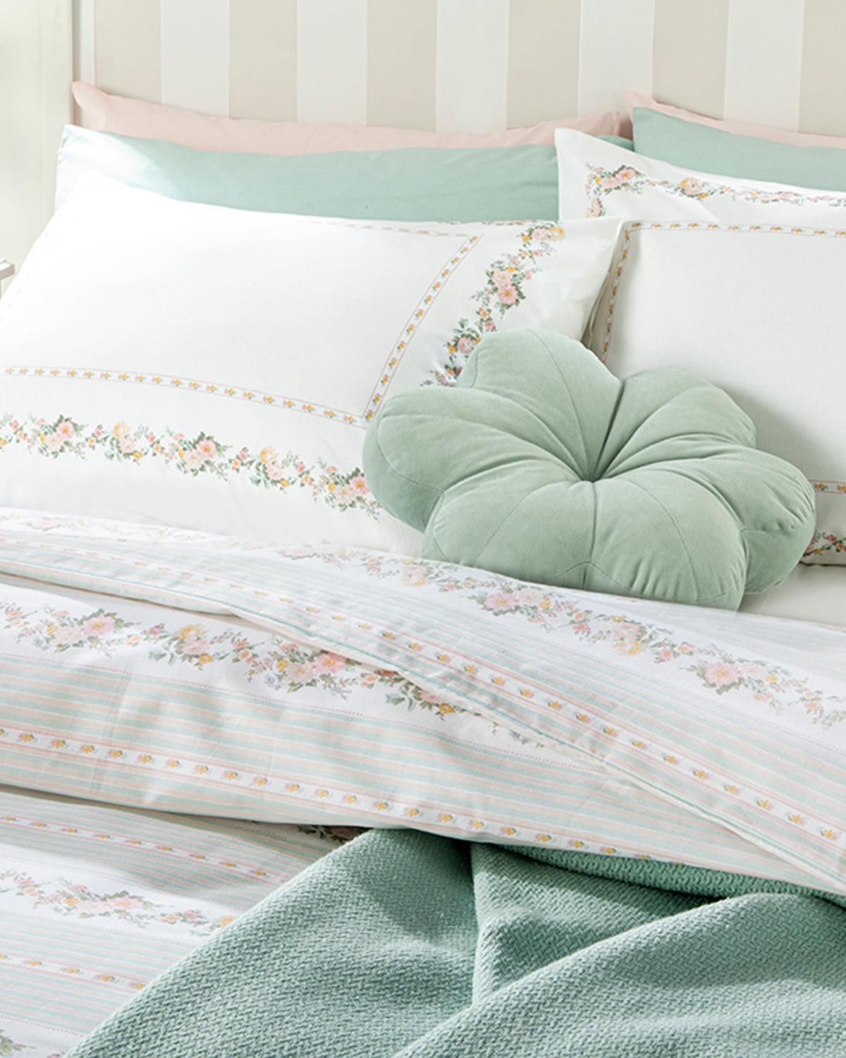 Floral Stripe Спален Комплект Кралски размер Памучен 240x220 см Светъл селадон