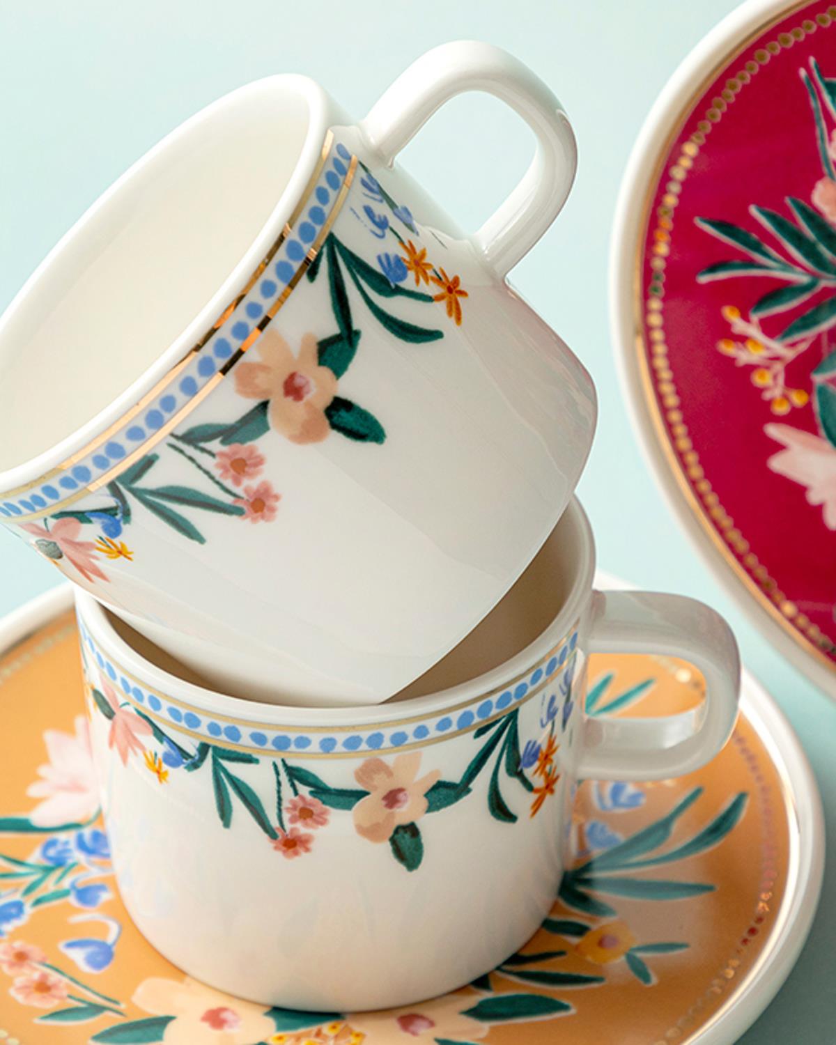Flower Spree Комплект Чаени Чаши 4 Бр. За 2 Души, Порцелан, Горчица-Розово, 200 Ml
