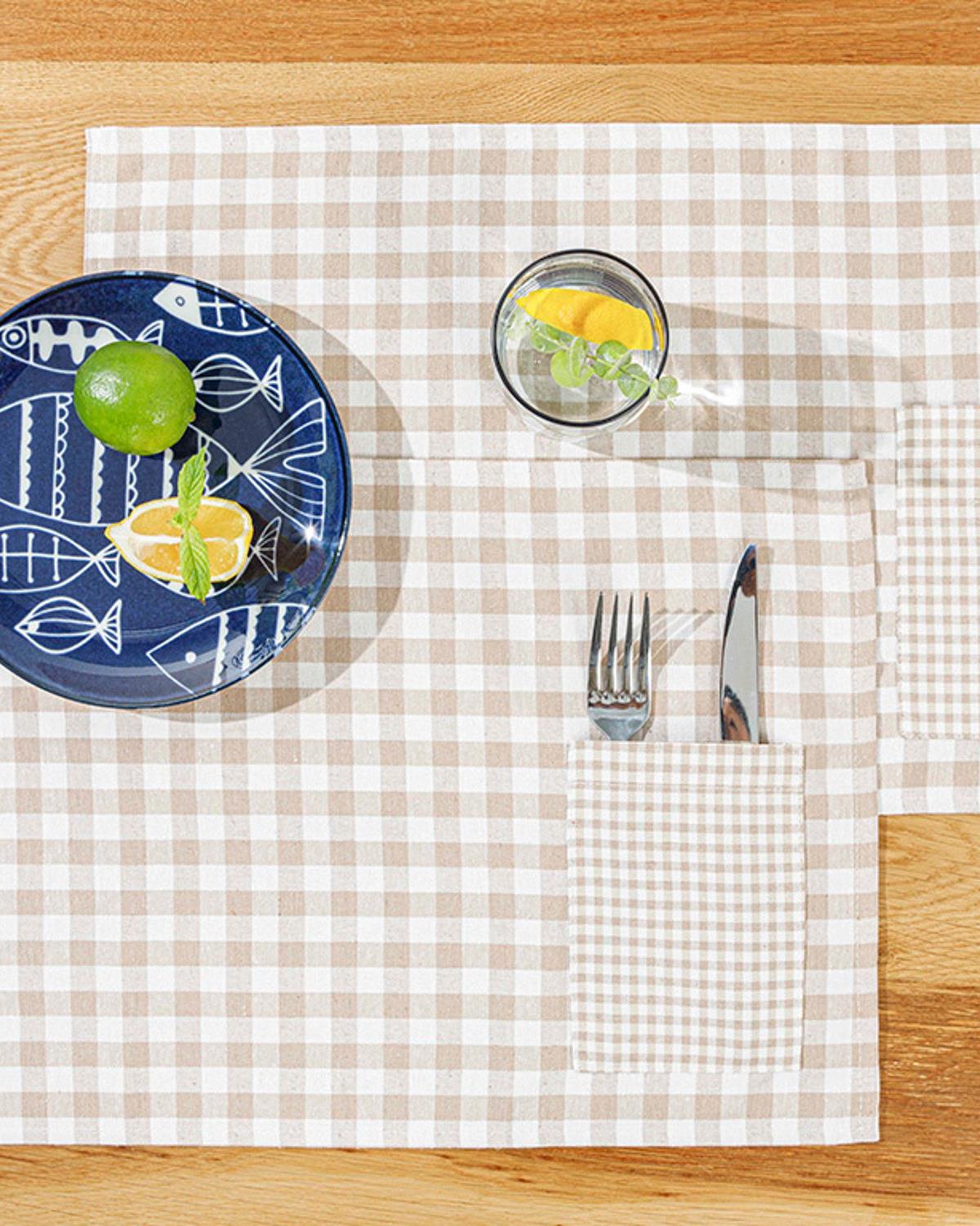 Gingham Подложки За Хранене 2 бр. Памучен полиестер 30x50 см Бежов