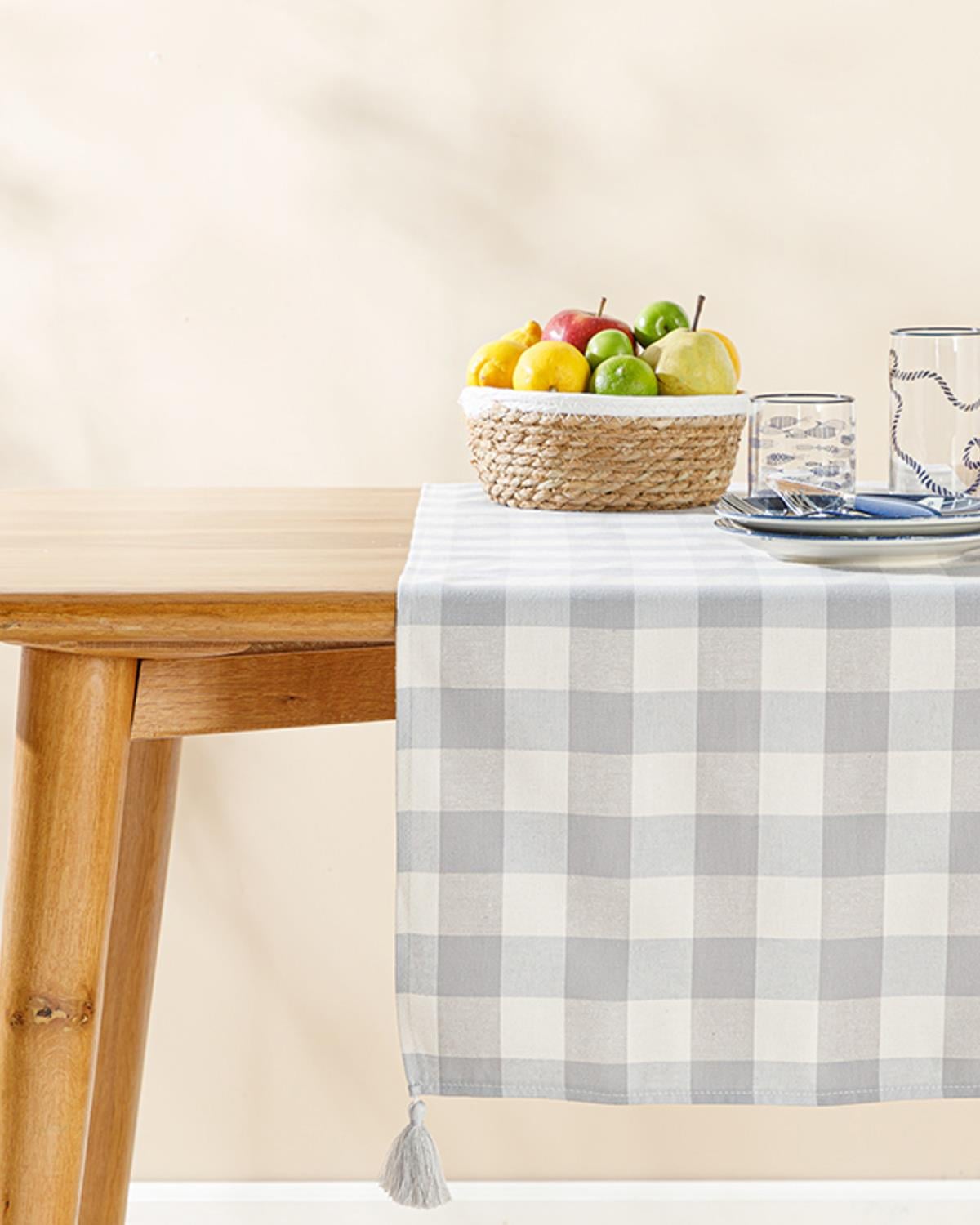 Gingham Cotton Polyester Fringed Runner 40x140 cm Gray
