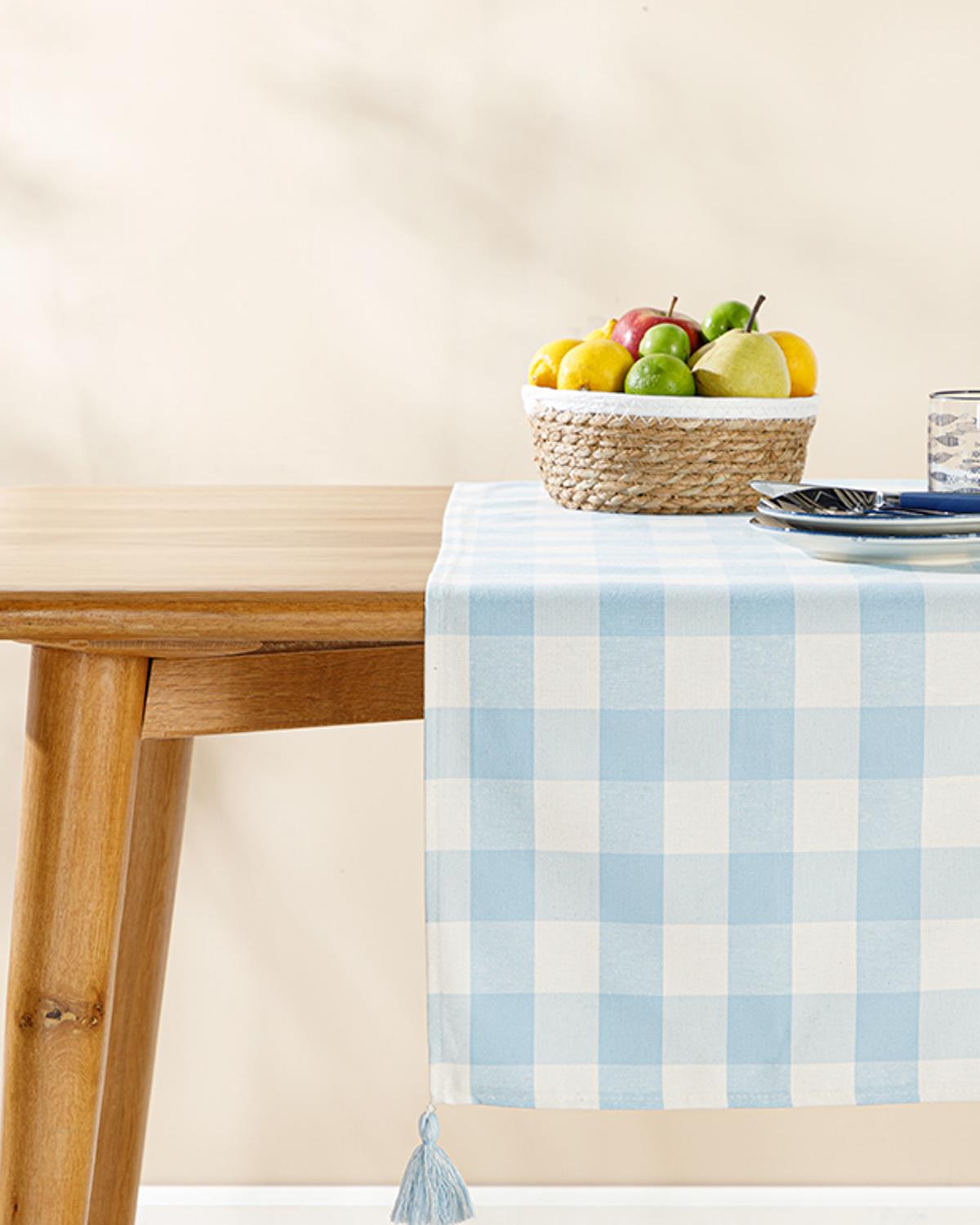 Gingham Cotton Polyester Fringed Runner 40x140 cm Blue