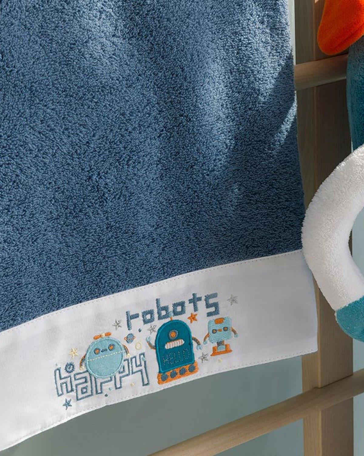 Happy Robots Бебешка Кърпа За Баня Памучен 70x130 см Индиго.