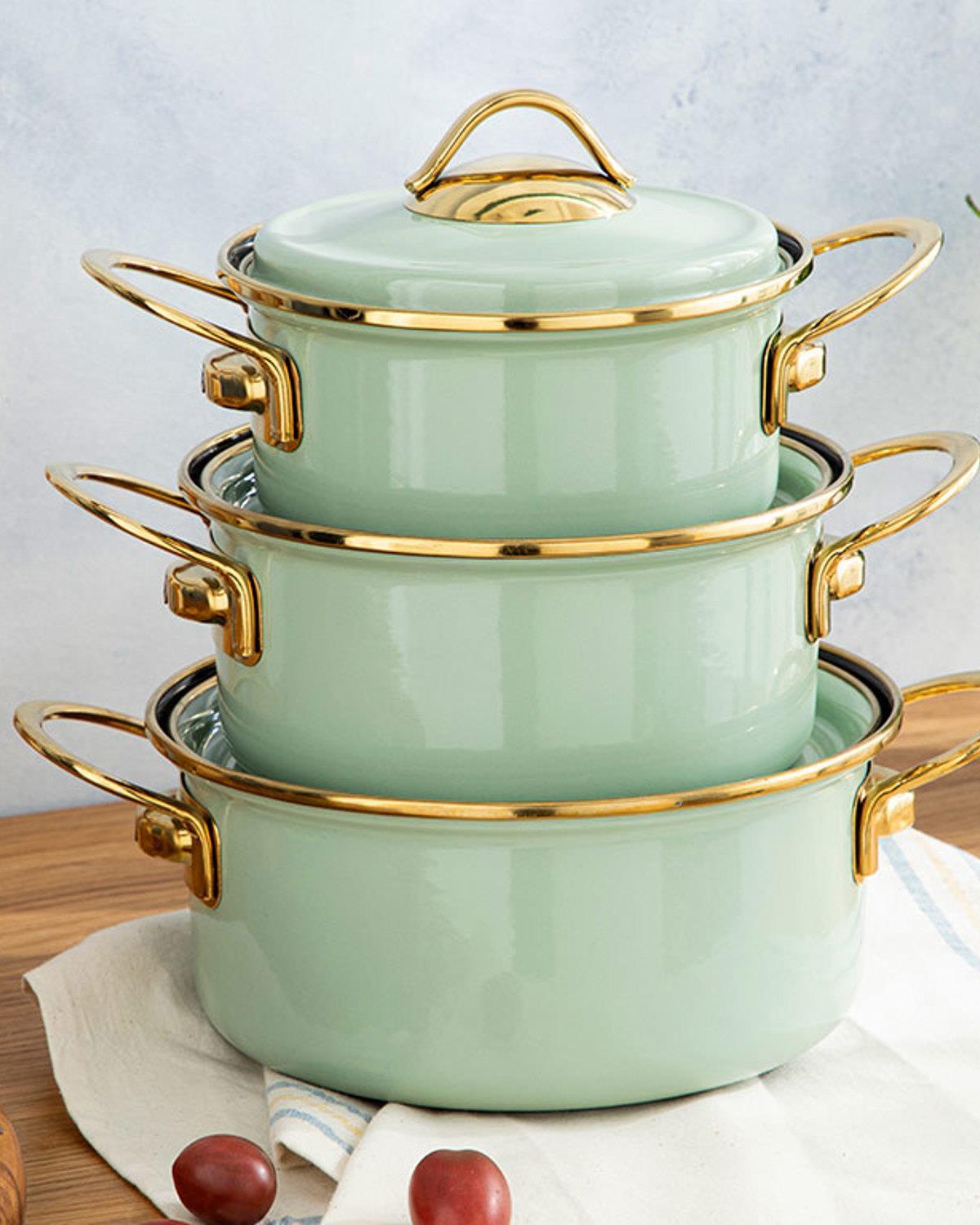 Isidora Комплект Тенджери 3 бр. Емайлиран 14-16-18 см Светла мента