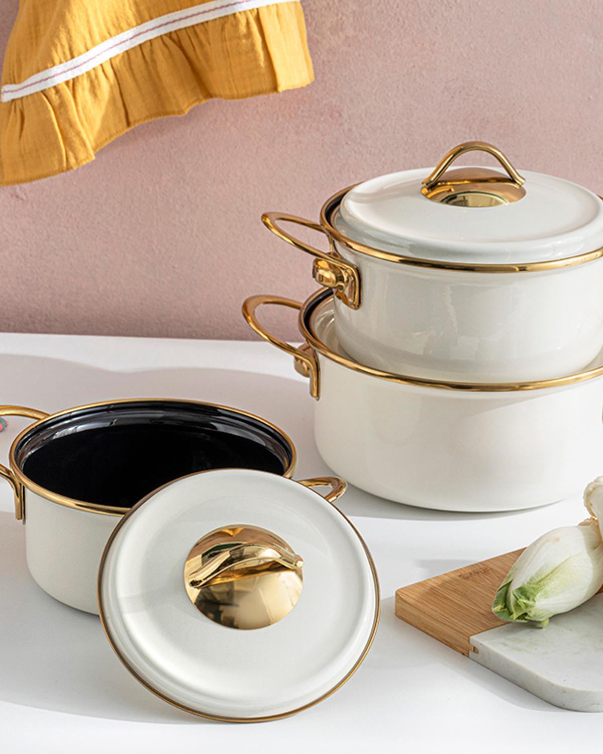 Isidora Комплект Тенджери 3 Бр., Емайлиран, Кремово, 14-16-18 Cm