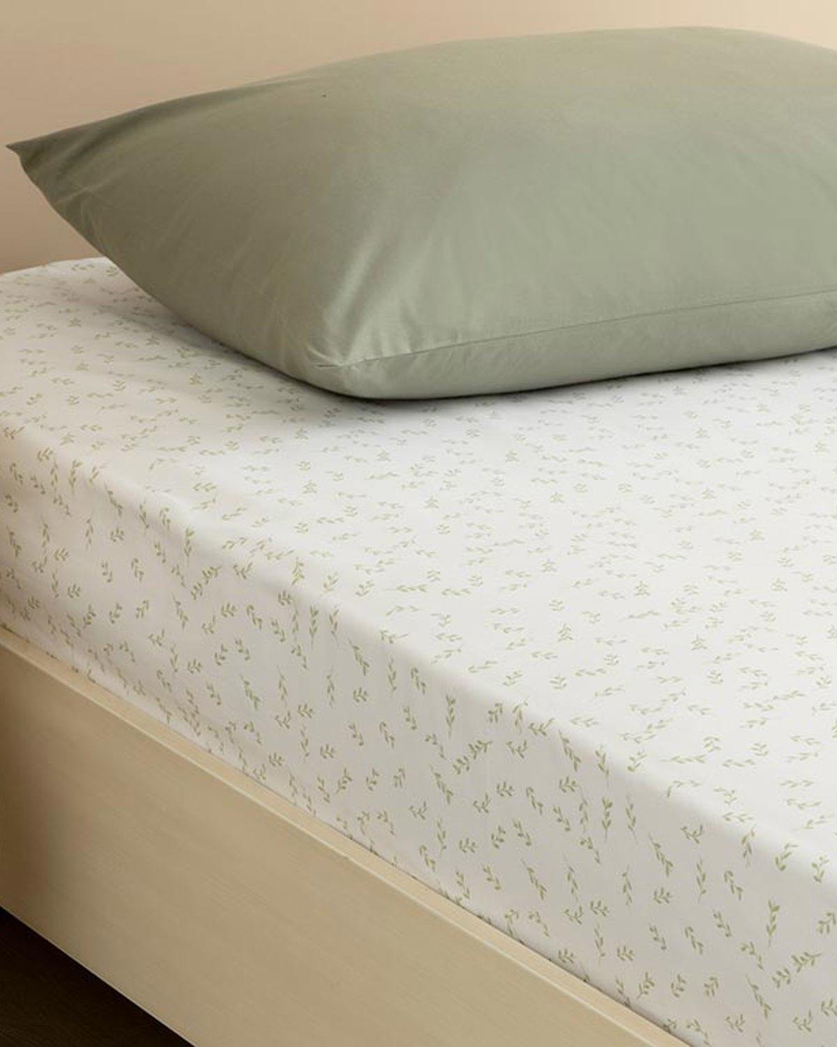 Leafy Чаршаф С Ластик Двоен Памучен 160x200 см Светлозелен