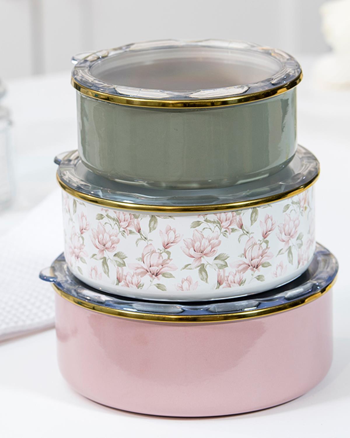 Magnolia Кутия За Съхранение 3 бр. Емайлиран 14 - 16 - 18 см Розов - Зелен