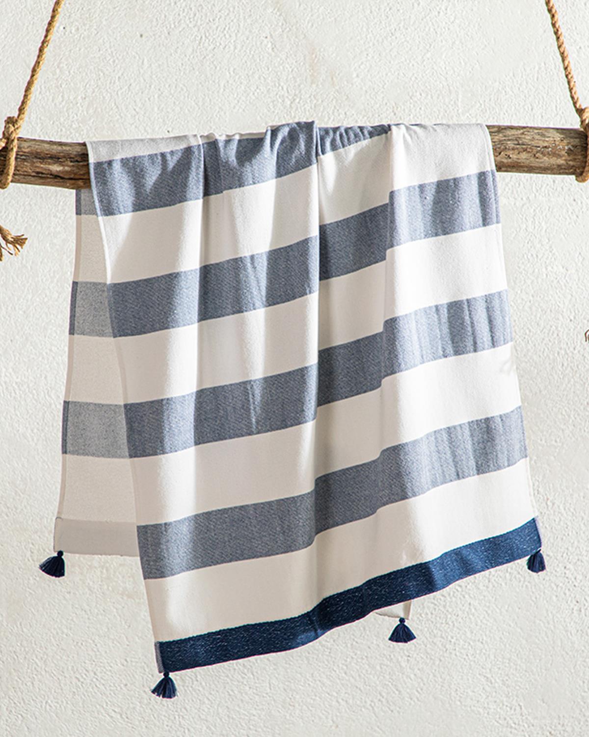 Maya Кърпа За Плаж на райе Памучен 75x150 см Бял - Морскосин