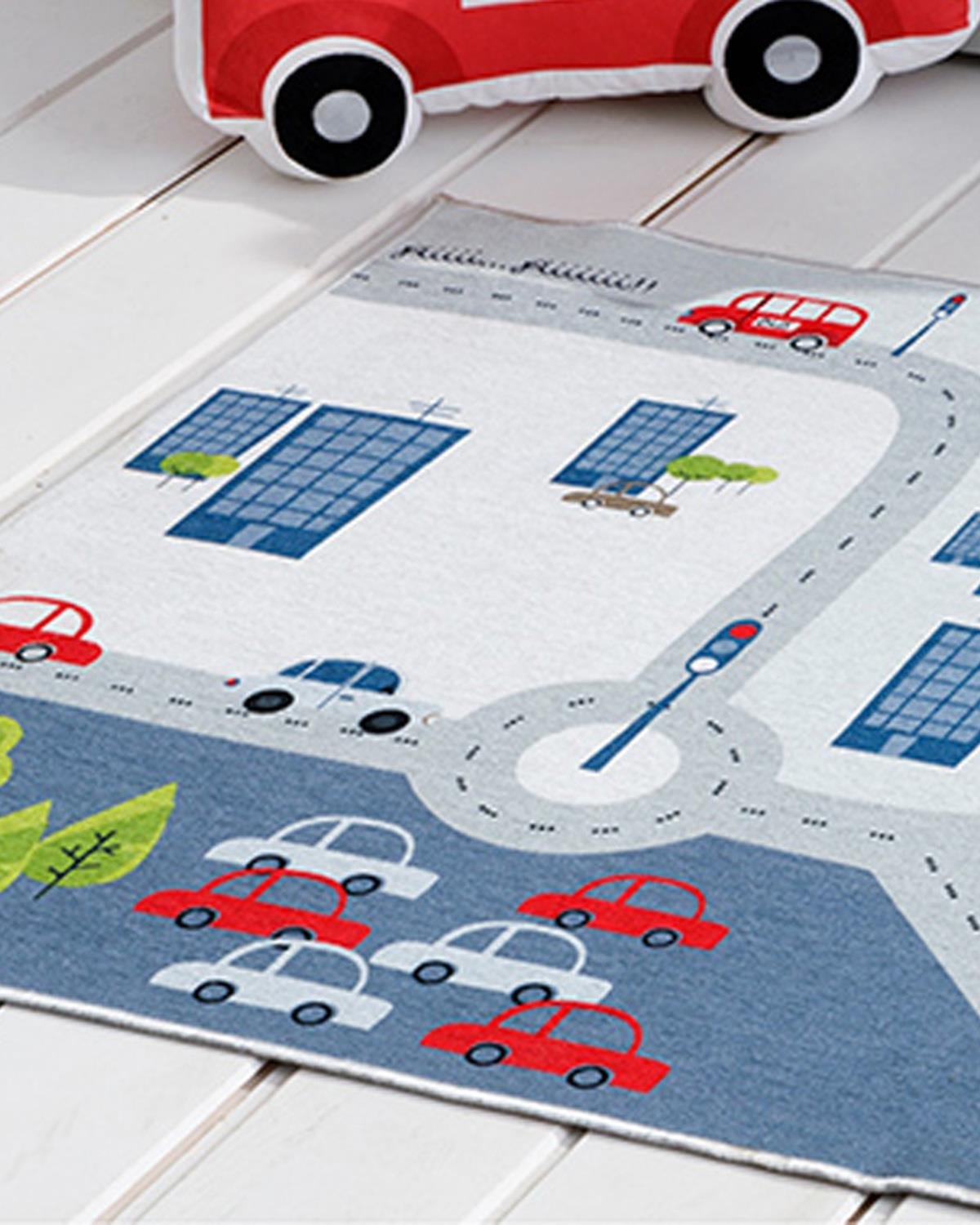 Mini Cars Детски Килим Шенил 120x180 см Екрю - Сив