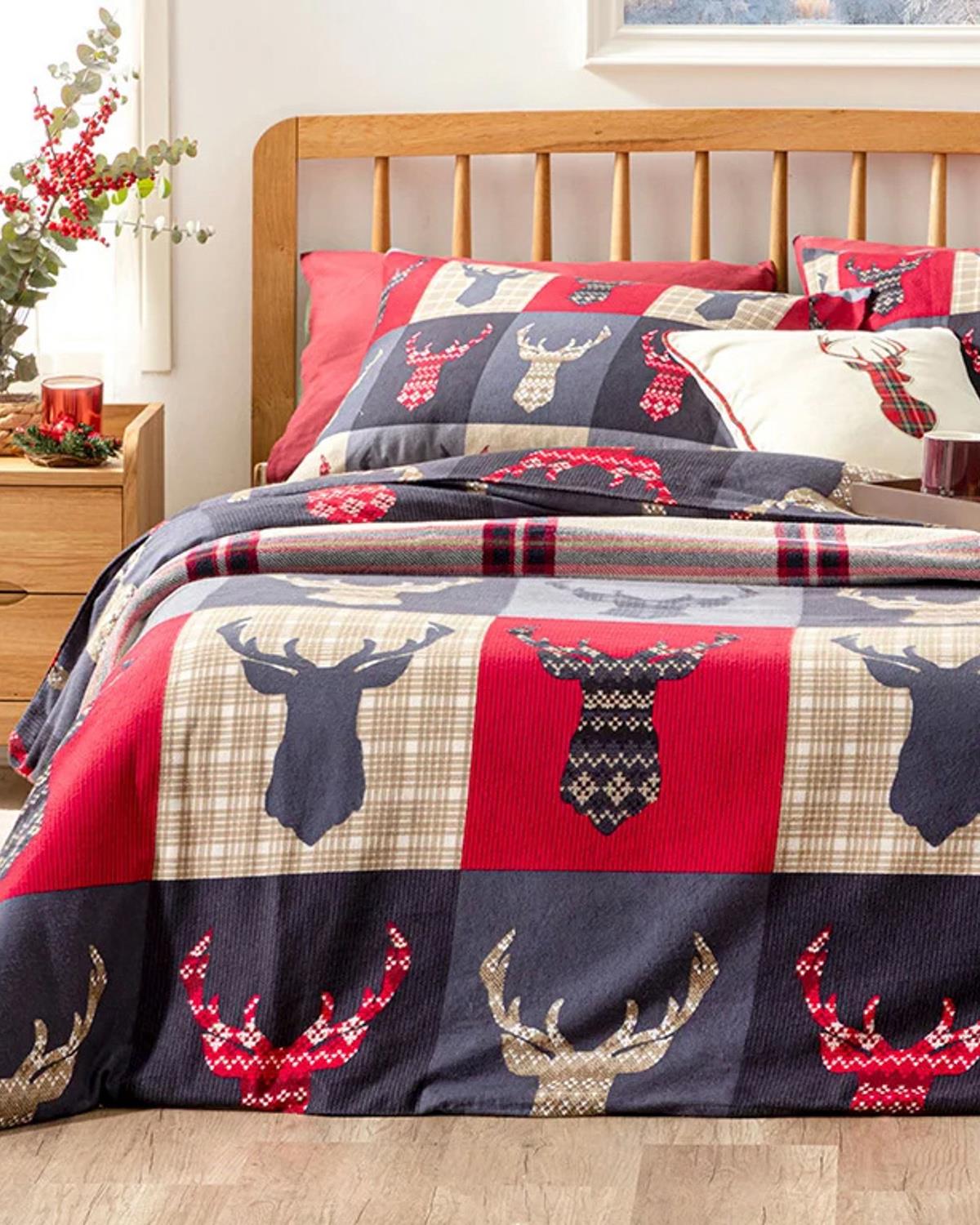 Patchy Deers Спално Бельо Компле King Size, Фланела, Тъмно Синьо., 240 X 220 Cm