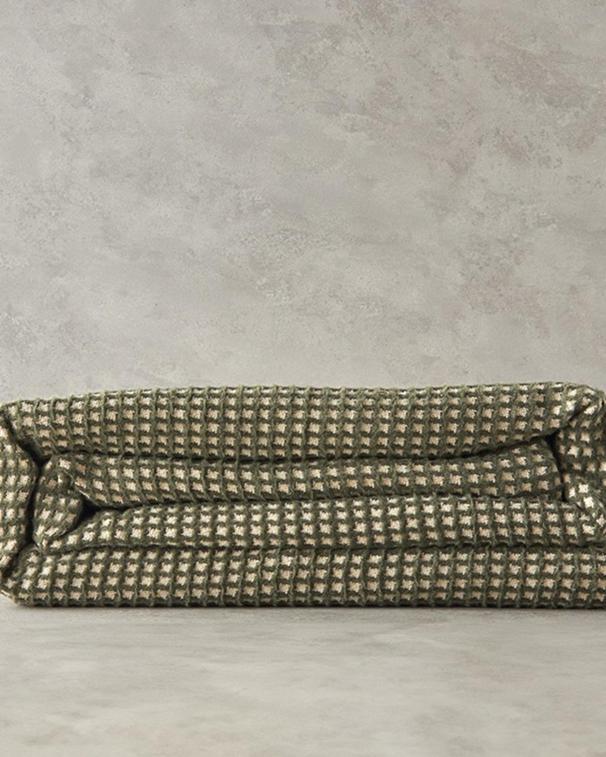 Plain Одеяло Двоен Памучен с вафлена структура 200x220 см Зелен - Кремав