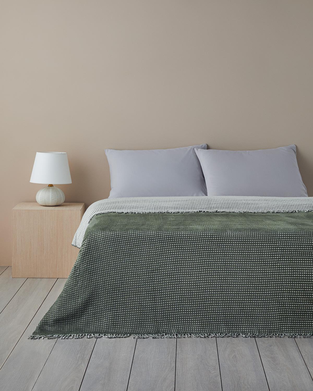 Plain Одеяло Двоен Памучен с вафлена структура 200x220 см Зелен - Кремав