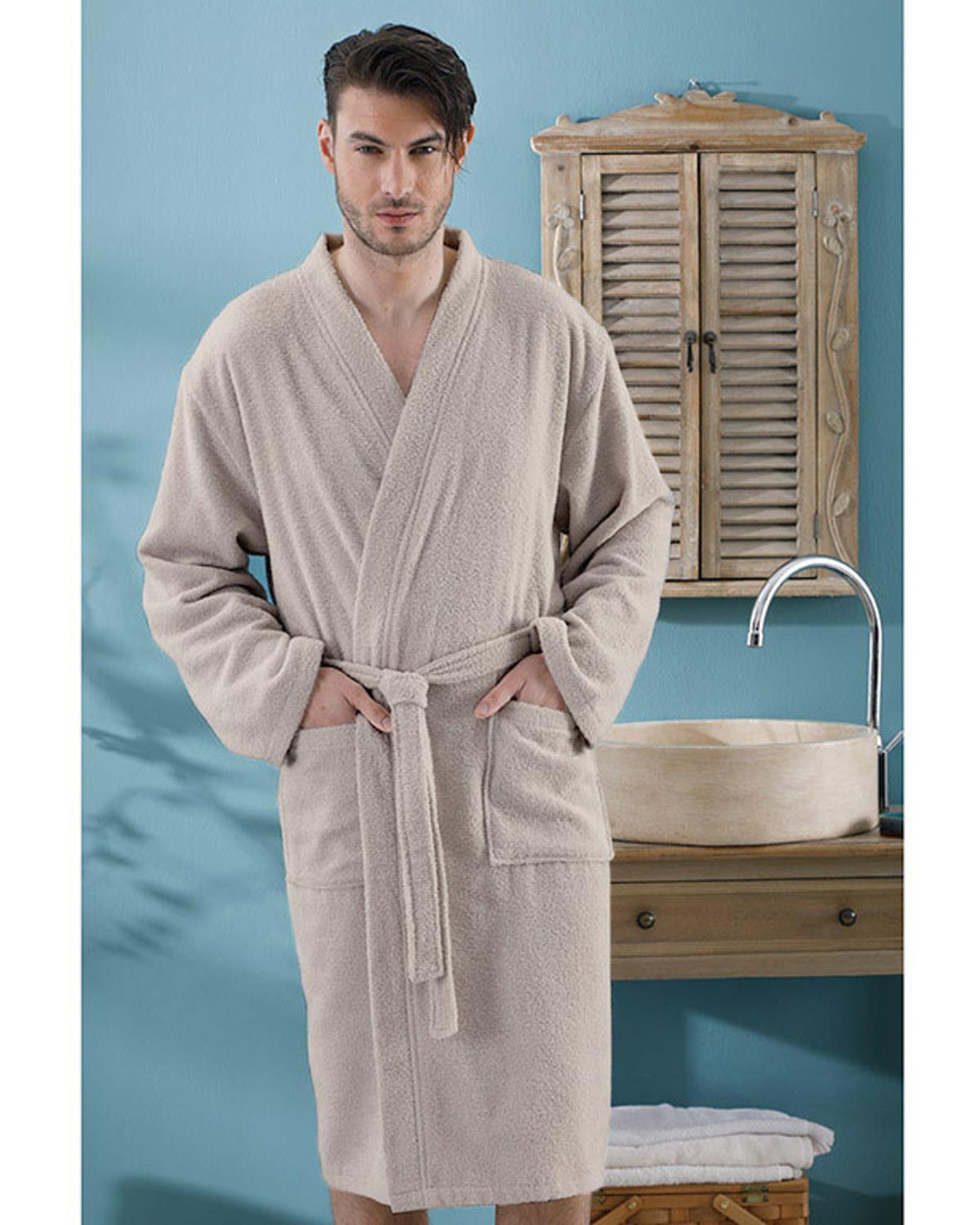 Plain Халат За Баня Мъжки Памучен L-XL Светлобежов