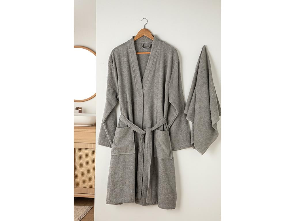 Plain Комплект Халат За Баня Комплект Памучен L-XL Тъмносив