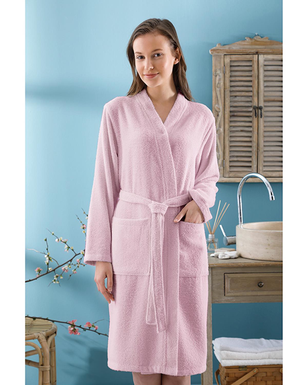 Plain Cotton Women Bathrobe L-XL Light Pink,