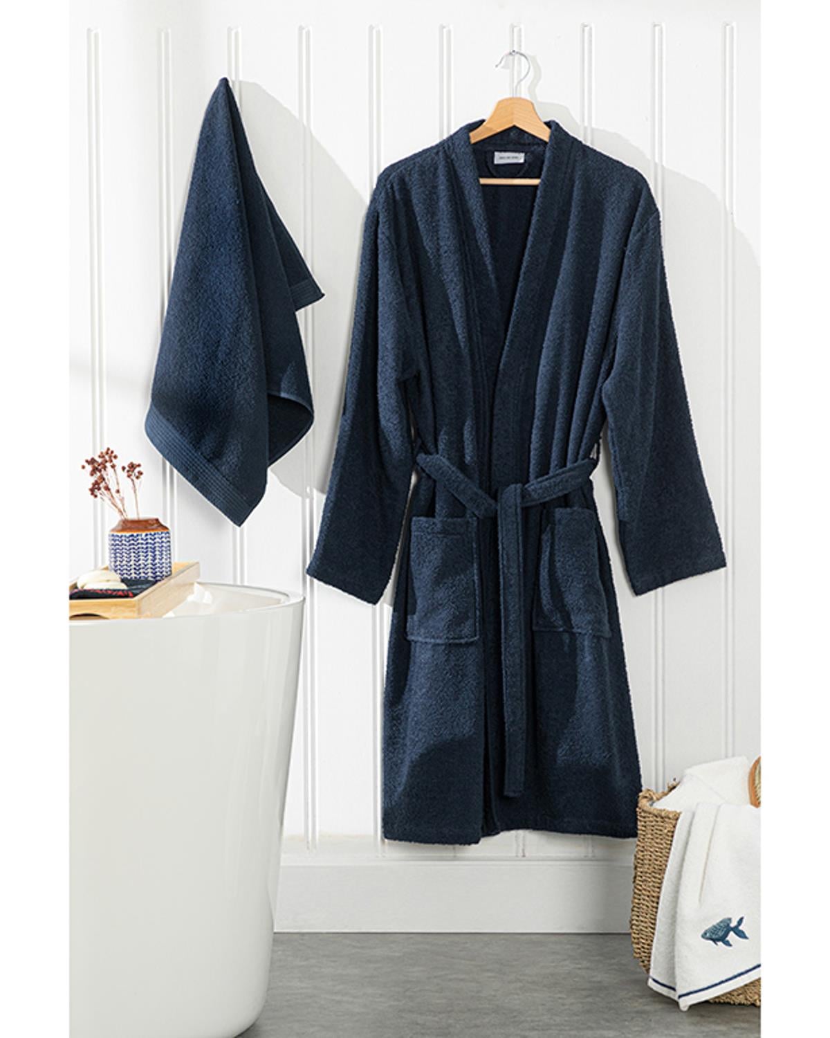Plain Комплект Халат За Баня Комплект Памучен S-M Морскосин