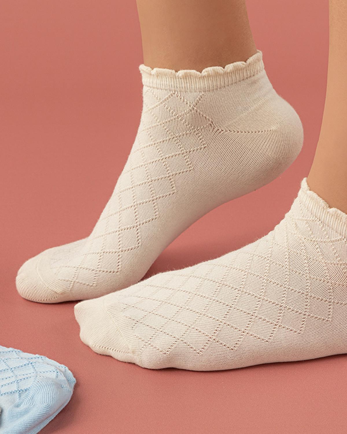 Pure Basic Чорапи До Глезена Дамски 3 Бр., Памучен, Екрю-Синьо-Сиво, 36-40