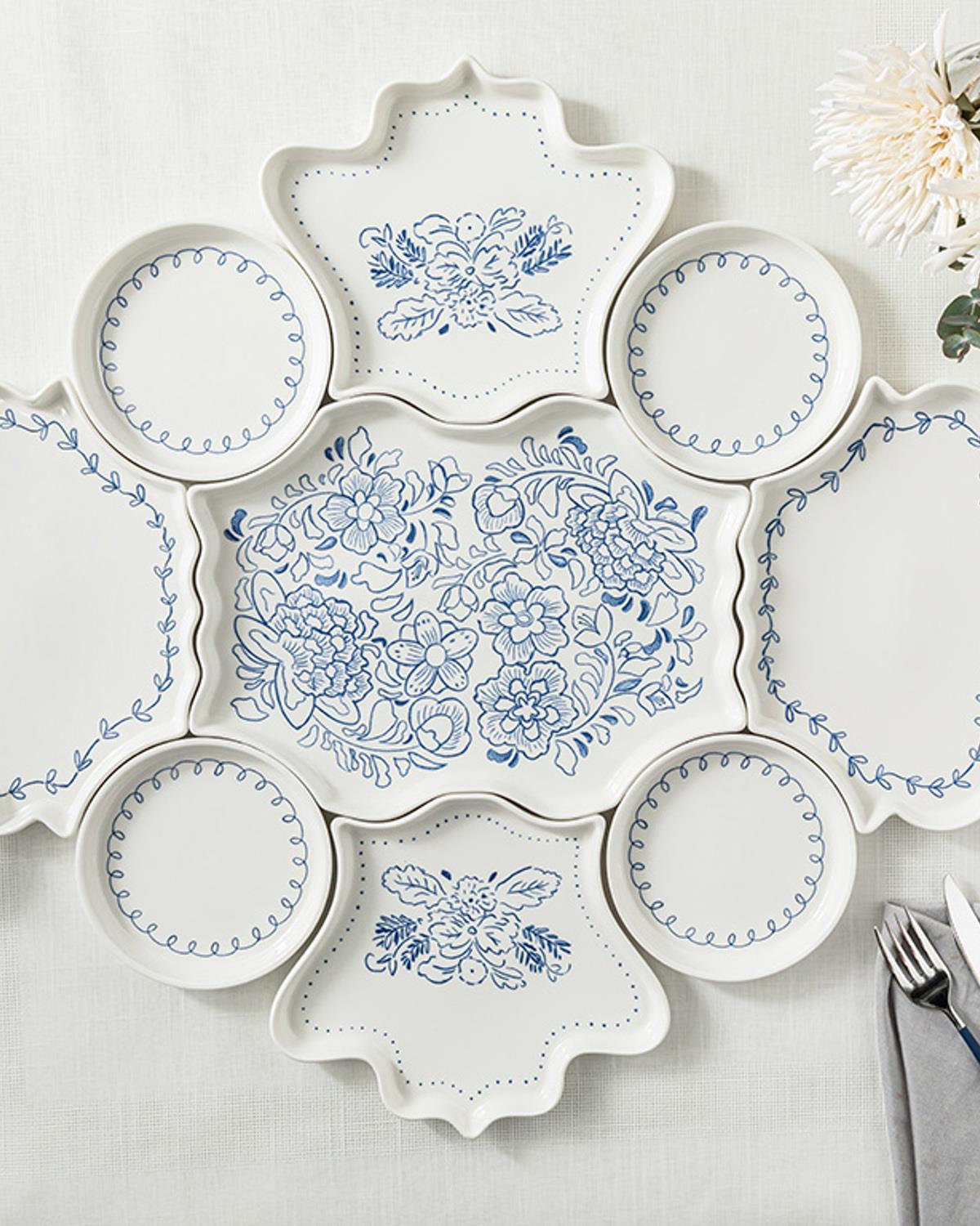 Puzzle Комплект За Маса За 4 Души, New Bone China, Тъмно Синьо, 9 Броя